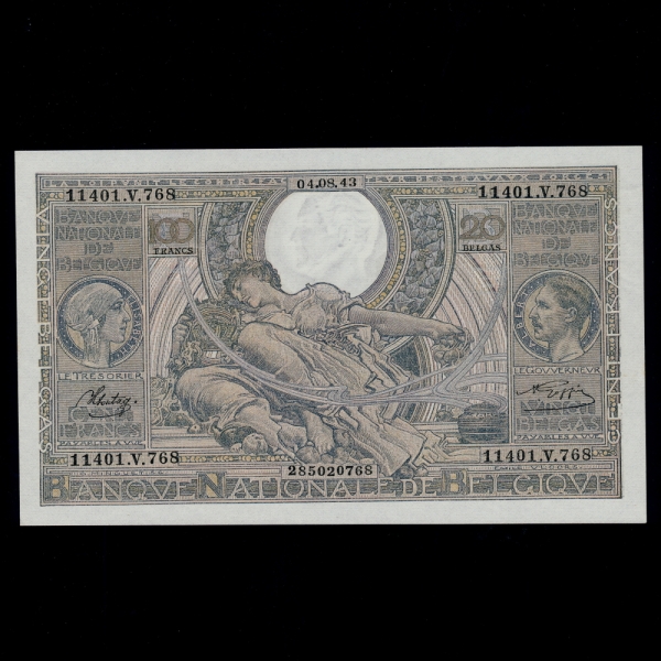 BELGIUM-⿡-KING ALBERT,QUEEN ELIZABETH-NO.11401.V.768-100 FRANCS-20 BELGAS-1943