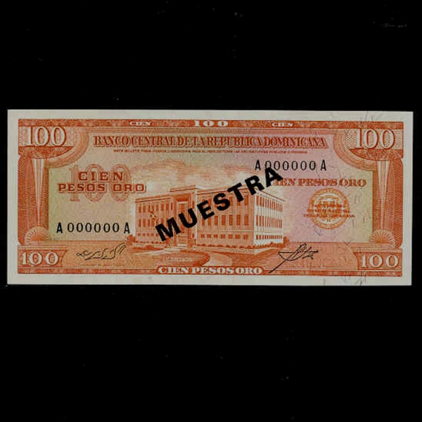 DOMINICA REPUBLIC-̴īȭ-P104s-SPECIMEM(߾)-CENTRAL BANCO(߾)-100 PESOS ORE-1964