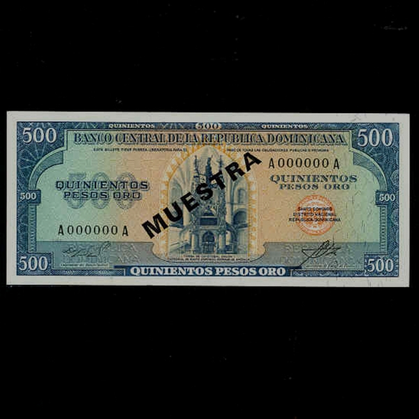 DOMINICA REPUBLIC-̴īȭ-P105s1-SPECIMEM(߾)-COLUMBUS TOMB(뼺)-500 PESOS ORE-1964