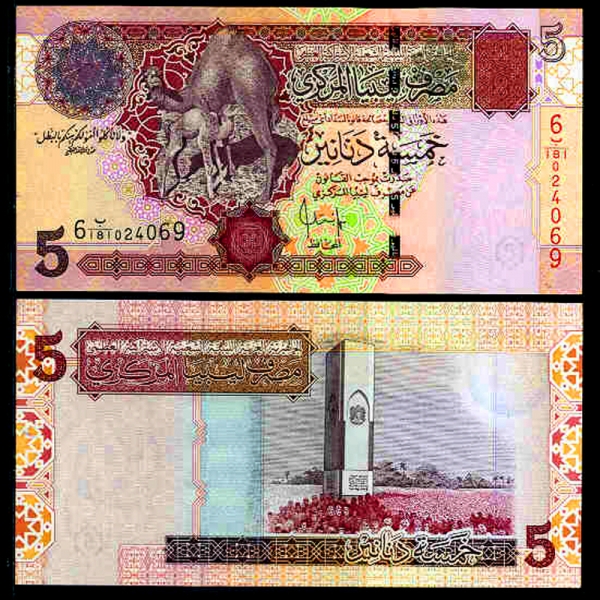 LIBYA--P69b-CAMELS.MONUMENT-5 DINARS-2004