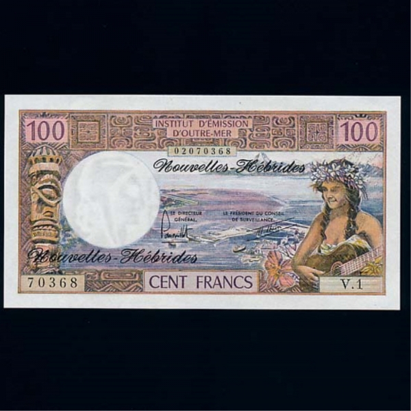 NEW HEBRIDES-긮-P18d-GUITAR.HARBOR-100 FRANCS-1977