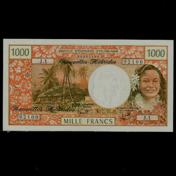 NEW HEBRIDES-긮-P20b-PALM TREE.KAGU BIRD(ī)-1.000 FRANCS-1975