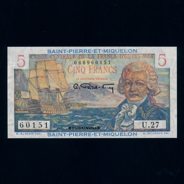 SAINT PIERRE & MIQUELON-Ʈ ǿ  -P22-BOUGAINVILLE(̽   ΰպ-Ž谡)-5 FRANCS-1950