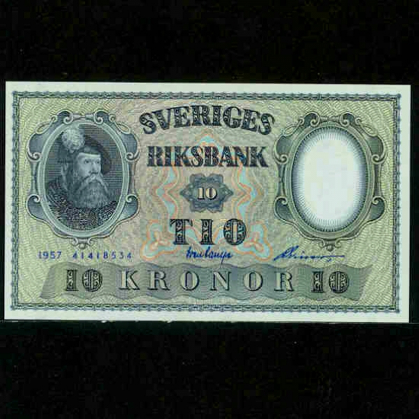 SWEDEN--P43e-KING GUSTAV VOSA(Ÿ 1-)-10 KRONER-1957