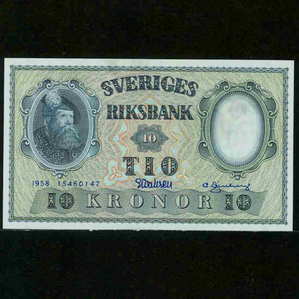 SWEDEN--P43f-KING GUSTAV VOSA(Ÿ 1-)-10 KRONER-1958