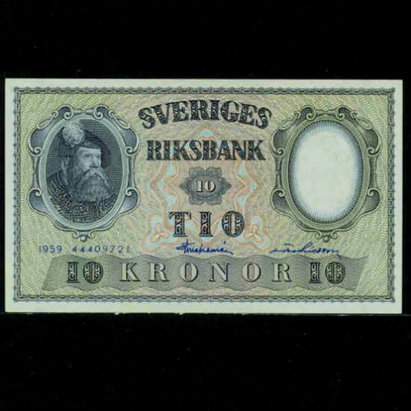 SWEDEN--P43g-KING GUSTAV VOSA(Ÿ 1-)-10 KRONER-1959