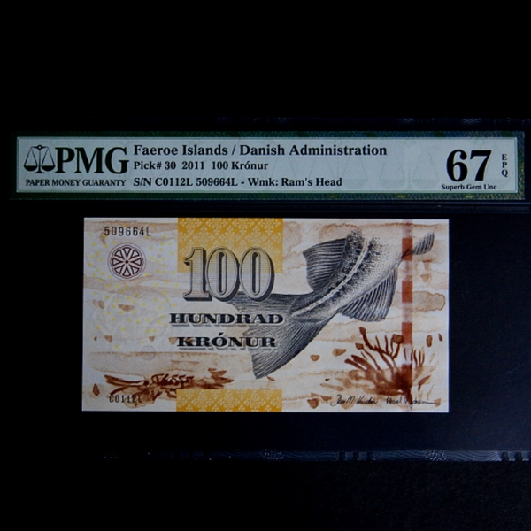 FAEROE ISLANDS-ķο-PMG67-100 KRONUR-#30-2011