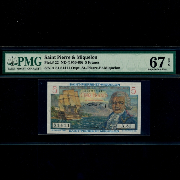 SAINT PIERRE & MIQUELON-Ʈ ǿ  -PMG67-5 FRANCS-#22-1950~1960