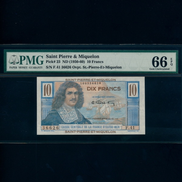 SAINT PIERRE & MIQUELON-Ʈ ǿ  -PMG66-10 FRANCS-#23-1950~1960