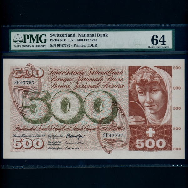 SWITZERLAND-스위스-PMG64-500 FRANKEN-#51k-1973년