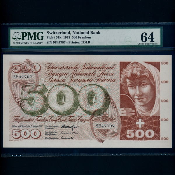 SWITZERLAND--PMG64-500 FRANKEN-#51k-1973