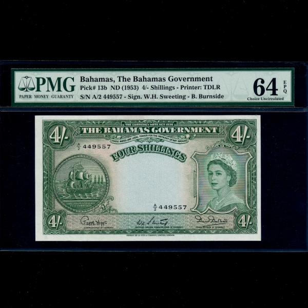 BAHAMAS(ϸ)-#13b-PMG64-QUEEN ELIZABETH 2-NO.449557-4 SHILLINGS-1953