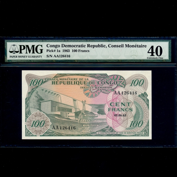 CONGO DEMOCRATIC REPUBLIC(ְȭ)-#1a-PMG40-NO.126416-100 FRANCS-1963