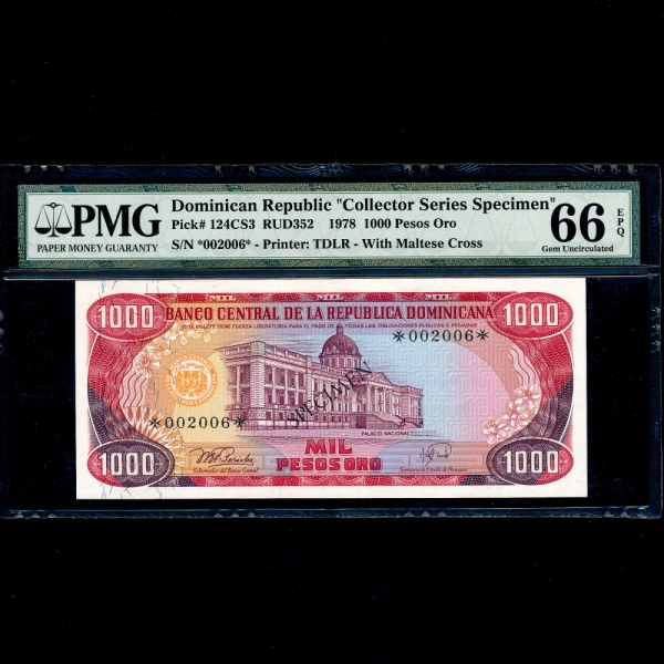 DOMINICA REPUBLIC(̴ī ȭ)-#124CS3-PMG66-SPECIMEN-NO.002006-1,000 PESOS ORO-1978