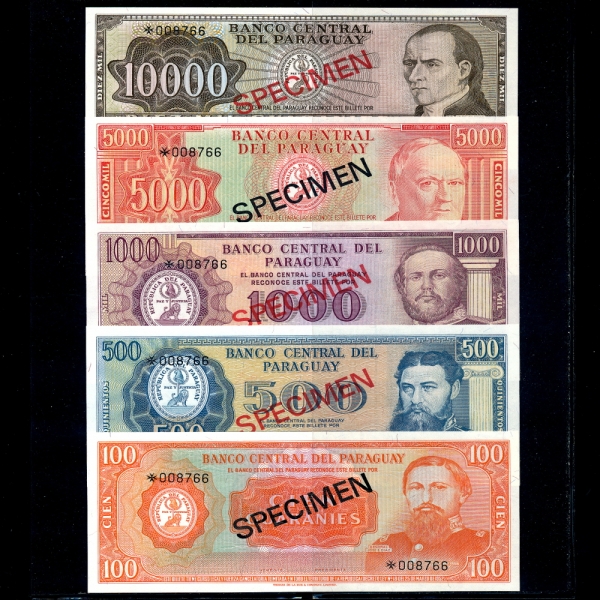 PARAGUAY(Ķ)-#205~209(5)-SPECIMEN-NO.008766-100,500,1000,5000,10000 GUARANIES-1990