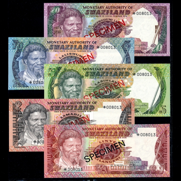 SWAZILAND()-#1~5(5)-SPECIMEN-NO.008013-1,2,5,10,20 EMALANGENI-1974~78