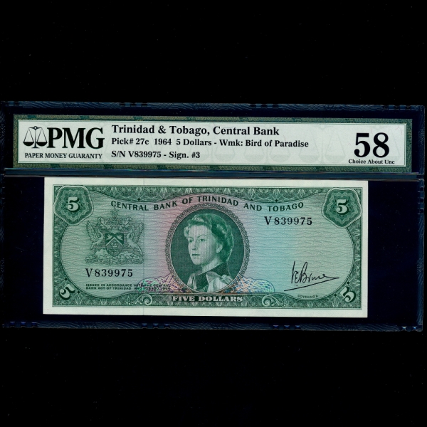 TRINIDAD & TOBAGO(Ʈٵ )-#27c-PMG58-NO.839975-5 DOLLARS-1964