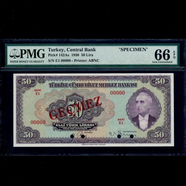 TURKEY(Ű)-#142As-PMG66-SPECIMEN-NO.00000-50 LIRA-1930