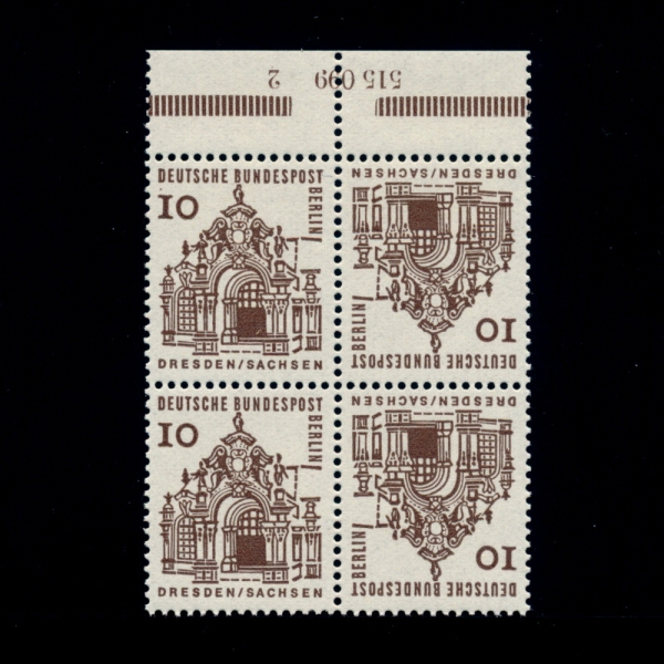 GERMAN OCCUPATION STAMPS()-TET PAIR-#9N215b-10pf-WALL PAVILION, ZWINGER, DRESDEN()-1965
