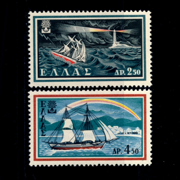 GREECE(׸)-#667~8(2)-SHIP BATTLING STORM AND SHIP IN CALM SEA, RAINBOW(ǳ ,)-1960.4.7