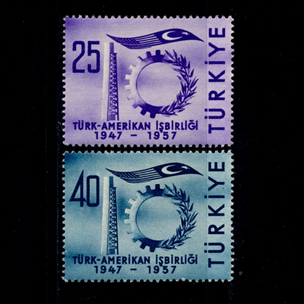TURKEY(Ű)-#1246~7(2)-SYMBOLS OF INDUSTRY AND FLAGS(,)-1957.7.1