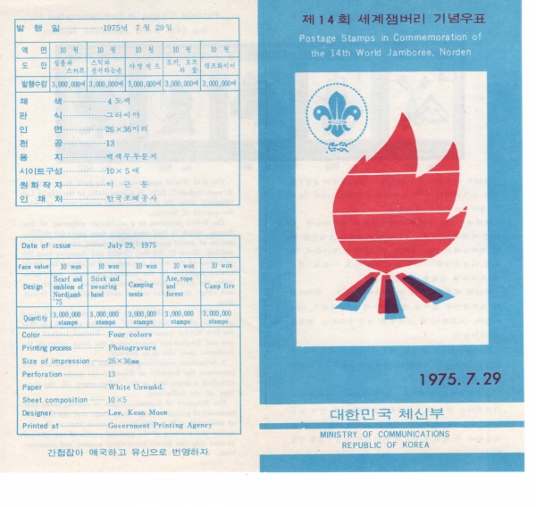 제14회 세계잼버리-우표발행 안내카드-1975.7.29일