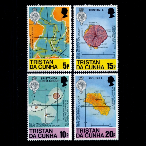 TRISTAN DA CUNHA(Ʈź  )-#283~6(4)-ROYAL GEOGRAPHICAL SOC., 150TH ANNIV. AND MAPS AND EXPEDITIONS(ո  ȸ 150ֳ,,Ž)-1980.12.15