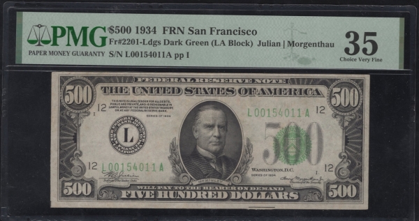 UNITED STATES(̱)-P434(Fr#2201-Ldgs DARK GREEN)-PMG35-WILLIAM MCKINLEY( Ų-)-NO.L 00154011 A-500 DOLLARS-1934