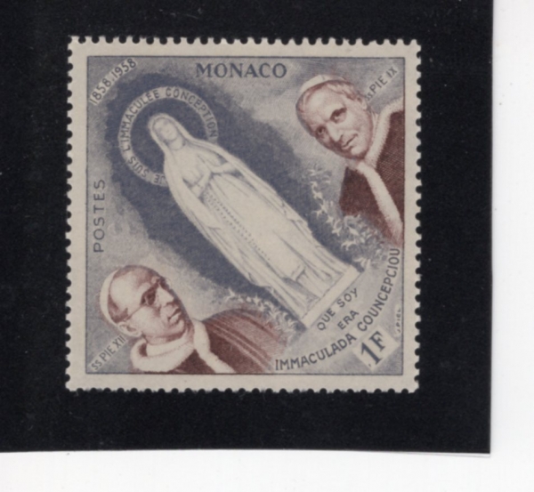MONACO()-#412-1fr-VIRGIN MARY, POPES PIUS IX AND XII(, Ȳ  9, Ȳ  12)-1958.5.15