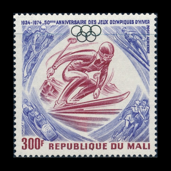 MALI()-#C230-300fr-SKIER, WINTER SPORTS AND OLYMPIC RING(Ű, ø)-1974.10.7