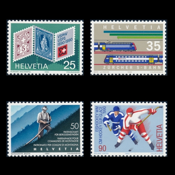 SWITZERLAND()-#856~9(4)-SWISS STAMP, CENT., LOCOMOTIVES, MT. FARMER AND ATHLETES(ǥ 100ֳ, , ĸ , ̽ Ű)-1990.3.6