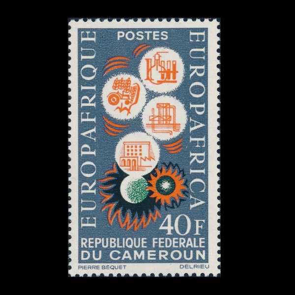 CAMEROUN(ī�޷�)-#402-40fr-EMBLEMS OF SCIENCE, AGRICULTURE, INDUSRTY AND EDUCATION AND TWO SUNBURSTS(����, ���, ���, ����, ������Ʈ)-1964.7.20��