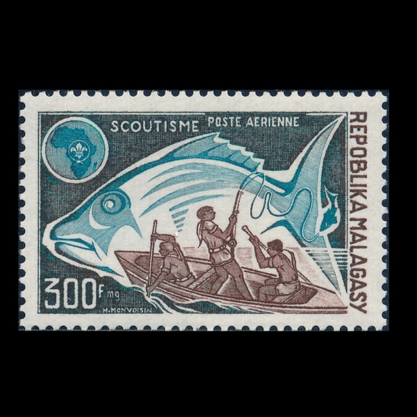 MALAGASY REPUBLIC(���ٰ���ī��)-#C123-300fr-SCOUTS FISHING AND FISH(��ī��Ʈ ���� Ȱ��)-1974.2.14��