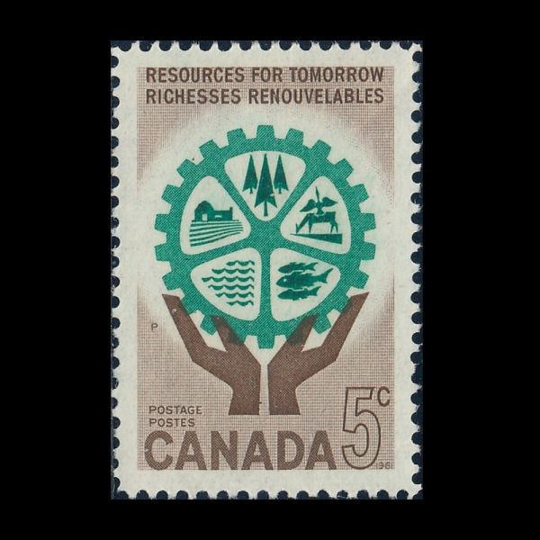 CANADA(ĳ����)-#395-5c-NATURAL RESOURCES AND HANDS HOLDING COGWHEEL(õ���ڿ�, ��Ϲ����� ���� ��)-1961.10.12��