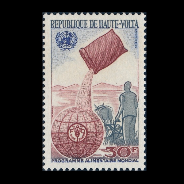 BURKINA FASO(�θ�Ű���ļ�)-#192-30fr-GRAIN POURING OVER WORLD, PLOWER AND FAO EMBLEM(�۷ι� � ����, ���, ����ķ��ⱸ)-1969.1.7��