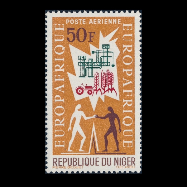 NIGER(������)-#C43-50fr-EUROPEAN & AFRICAN SHAKING HANDS, EMBLEMS OF INDUSTRY & AGRICULTURE(���� �� ������ī �Ǽ��ϴ� ��, ���, ��� ��¡)-1964.7.20��
