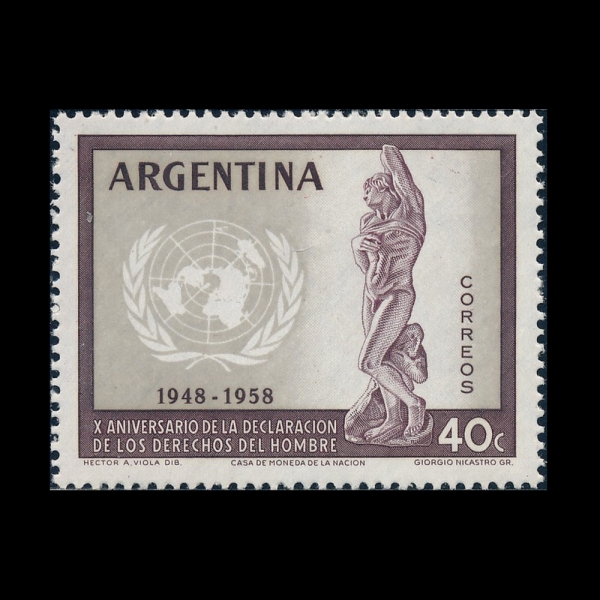 ARGENTINA(�Ƹ���Ƽ��)-#679-40c-\"SLAVE\" BY MICHELANGELO AND UN EMBLEM(���̶������� �׾�� �뿹)-1959.3.13��