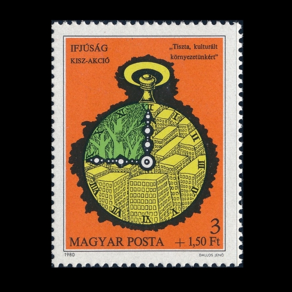 HUNGARY(�밡��)-#B321-3+1.50fo-WATCH SYMBOLIZING ENVIRONMENTAL PROTECTION(ȯ�� ��ȣ �̹����� ��¡�ϴ� �ð�)-1980.4.3��