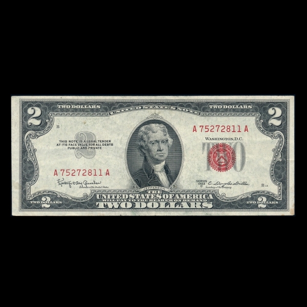 UNITED STATES OF AMERICA-�̱�-P380-THOMAS JEFFERSON(�丶�� ���۽�-�����)-2 DOLLARS-1953��