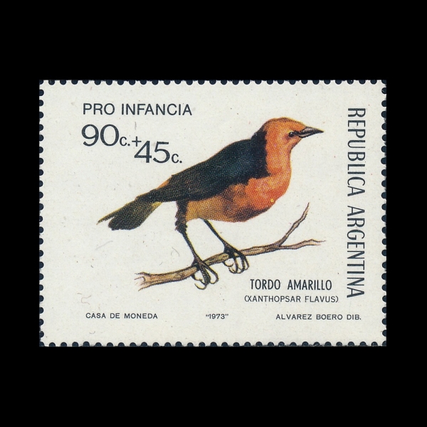 ARGENTINA(�Ƹ���Ƽ��)-#B59-90+45c-SAFFRON-COWLED BLACKBIRD(������ �ΰ� ������)-1973.4.28��