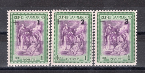 SAN MARINO(�긶����)-#B27~9(3��)-\"ST. MARINUS RAISING THE REPUBLIC\", BY GIROLAMO BATONI(���Ѷ�� �����, \"��ȭ���� ����� �� ��������\")-1947.11.13��