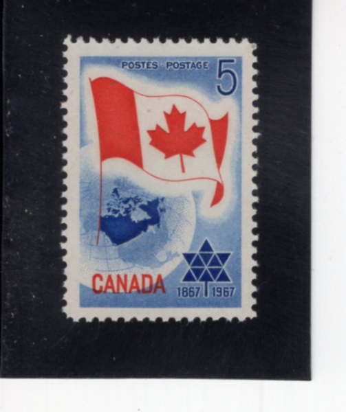 CANADA(ĳ����)-#453-5c-CANADIAN FLAG OVER GLOBE AND CENTENNIAL EMBLEM(ĳ������ ����, ���״Ͼ� ������)-1967.1.11��