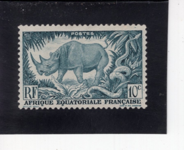 FRENCH EQUATORIAL AFRICA(�������� ���� ������ī)-#166-10c-BLACK RHINOCEROS AND ROCK PYTHON(���� �ڻԼ�, �߾Ӿ�����ī ������ܹ�)-1946��