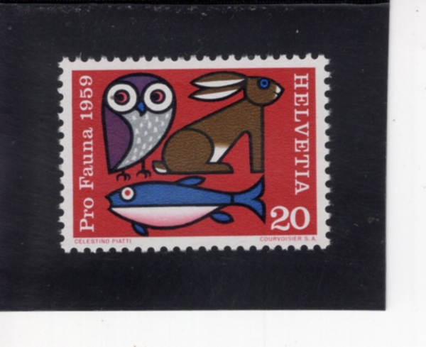 SWITZERLAND(������)-#372-20c-OWL, RABBIT AND FISH(�ξ���, �䳢, ������)-1959.3.9��