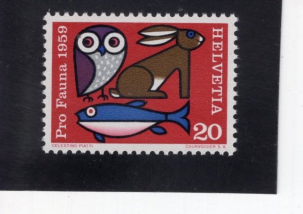 SWITZERLAND(������)-#372-20c-OWL, RABBIT AND FISH(�ξ���, �䳢, ������)-1959.3.9��