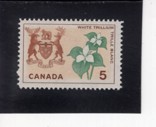 CANADA(ĳ����)-#418-5c-WHITE TRILLIUM AND ARMS OF ONTARIO(Ʈ������ �׶����÷η�, ��Ÿ���� ���� ����)-1964.6.30��