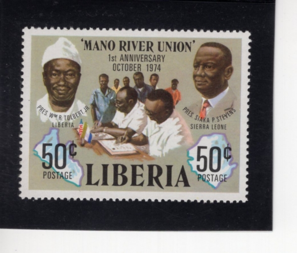 LIBERIA(���̺�����)-#726-50c-PRES. TOLBERT, SIAKA STEVENS, TREATY SIGNING, LIBERIA AND SIERRA LEONE MAPS(���Ʈ �����, ��Ƽ�콺 �����, ���̺����ƿ� �ÿ��󷹿� ����)-1975.10.3��