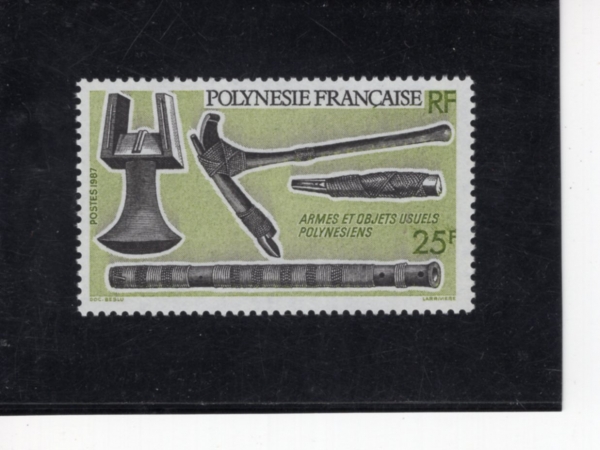 FRENCH POLYNESIA(�������� �����׽þ�)-#468-25fr-ADZE, WAR CLUB, CHISEL, FLUTE(����, �� Ŭ��, ��, �÷�Ʈ)-1987.10.14��