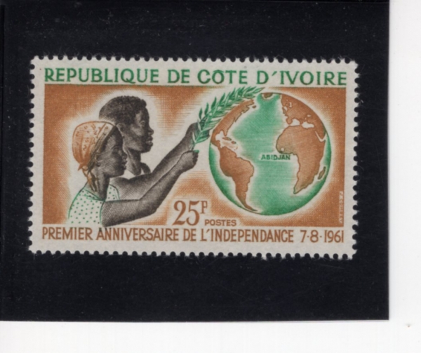 IVORY COAST(���̺��� �ڽ�Ʈ)-#182-25fr-YOUNG COUPLE WITH OLIVE BRANCH AND GLOBE(�ø��� ����, ����)-1961.8.7��