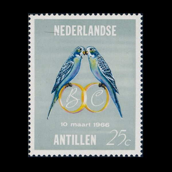 NETHERLANDS ANTILLES(�״����� ��ƿ����)-#302-25c-BUDGERIGARS, WEDDING RINGS AND INITIALS(��������, ���� ��, �̴ϼ�)-1966.3.10��